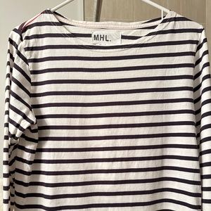 MARGARET HOWELL XS Shirt 3/4 Sleeve White Blue striped Parisian Basic Lagenlook